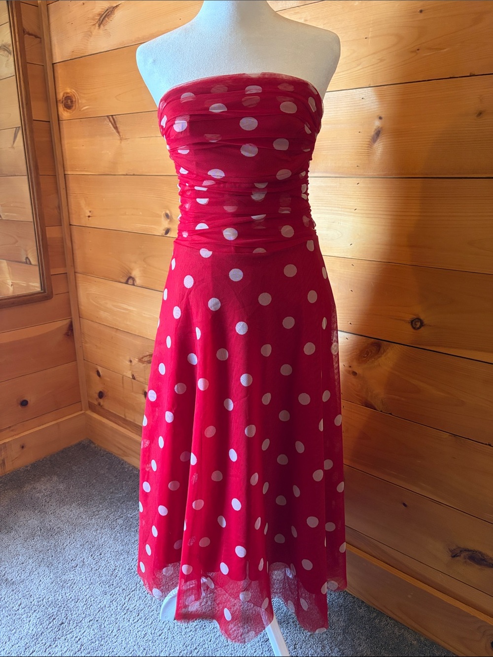 BCBG Red Polka Dot Strapless Midi Dress